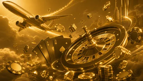 High-end casino hero banner for Aerobet featuring poker chips, roulette wheel, and elegant lighting with a theme inspired by 